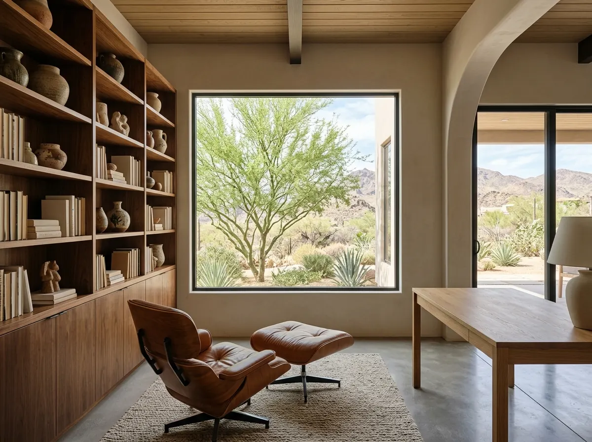 Den with walnut built-ins and a lounge chair by the window