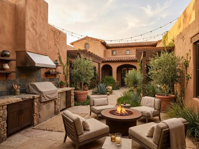 Courtyard with fire pit prepared for an open house