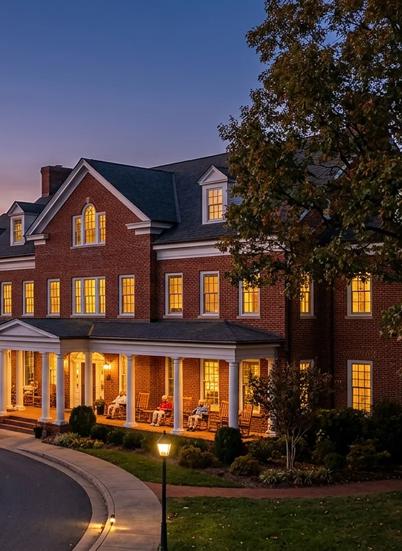 The Willowmere main building with its columned porch at dusk