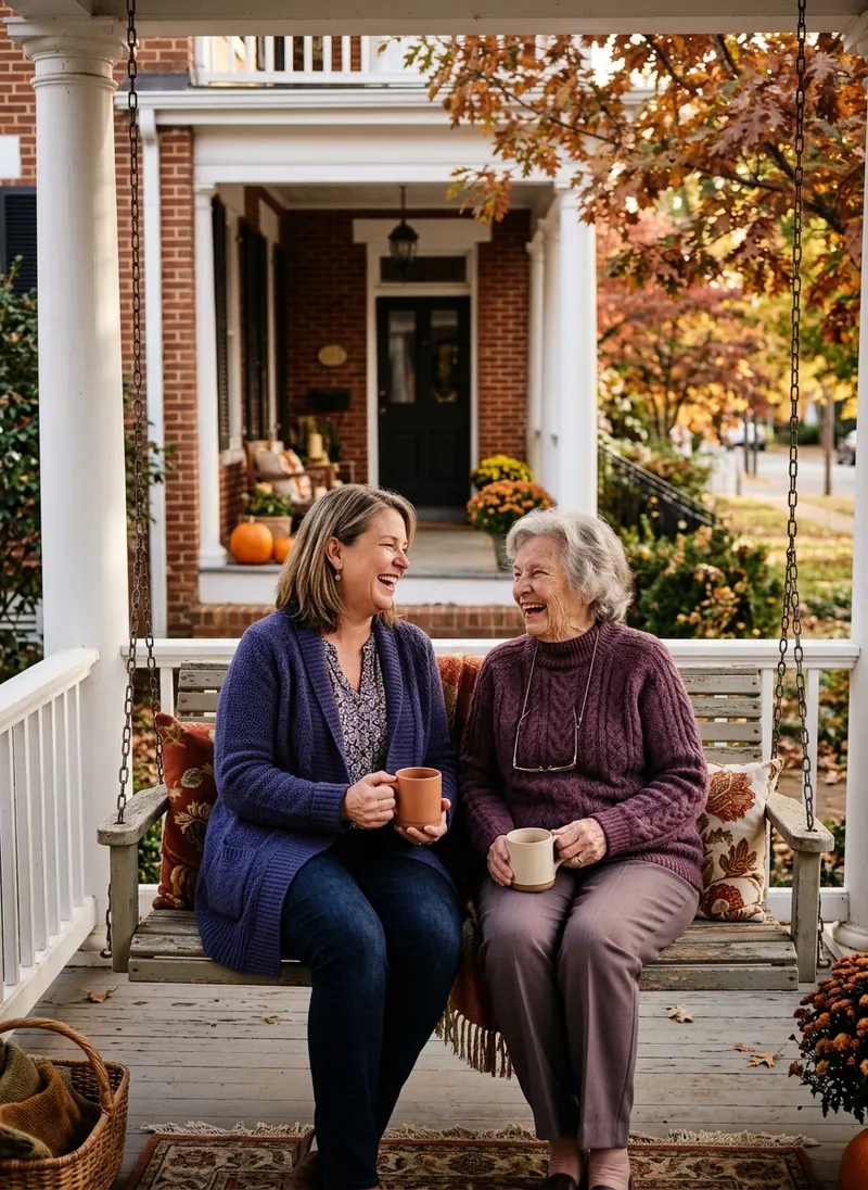 A daughter and her mother laughing together on a porch swing