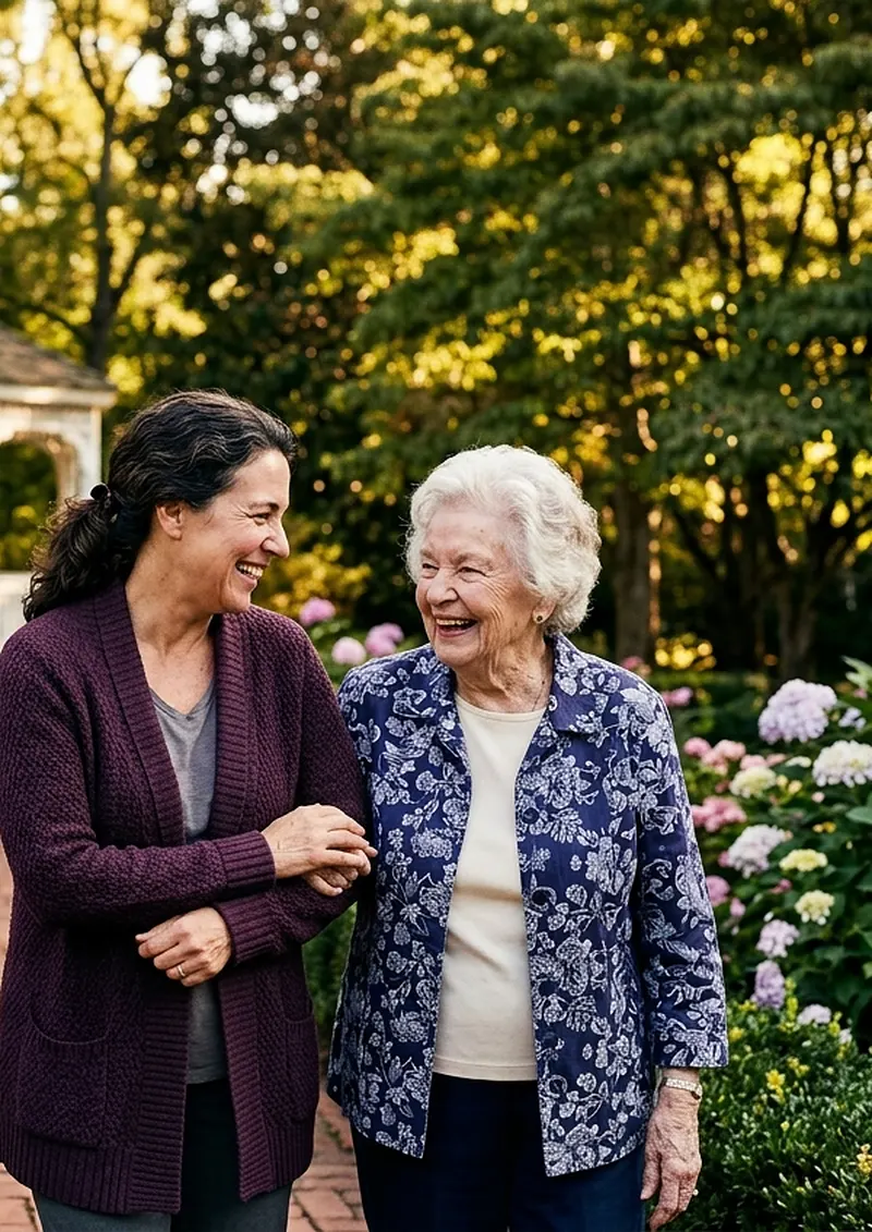 A Willowmere caregiver and a resident sharing a laugh on a garden path