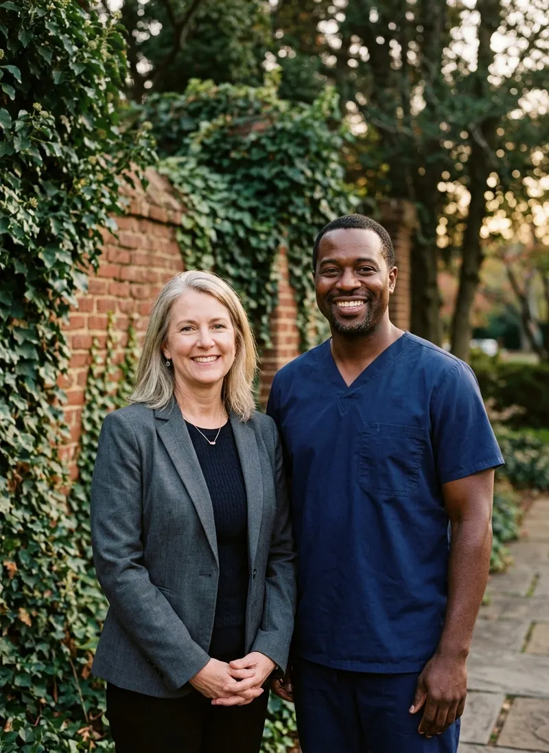 Executive Director Claire Whitfield and Director of Health Services Andre Coleman outside the main building
