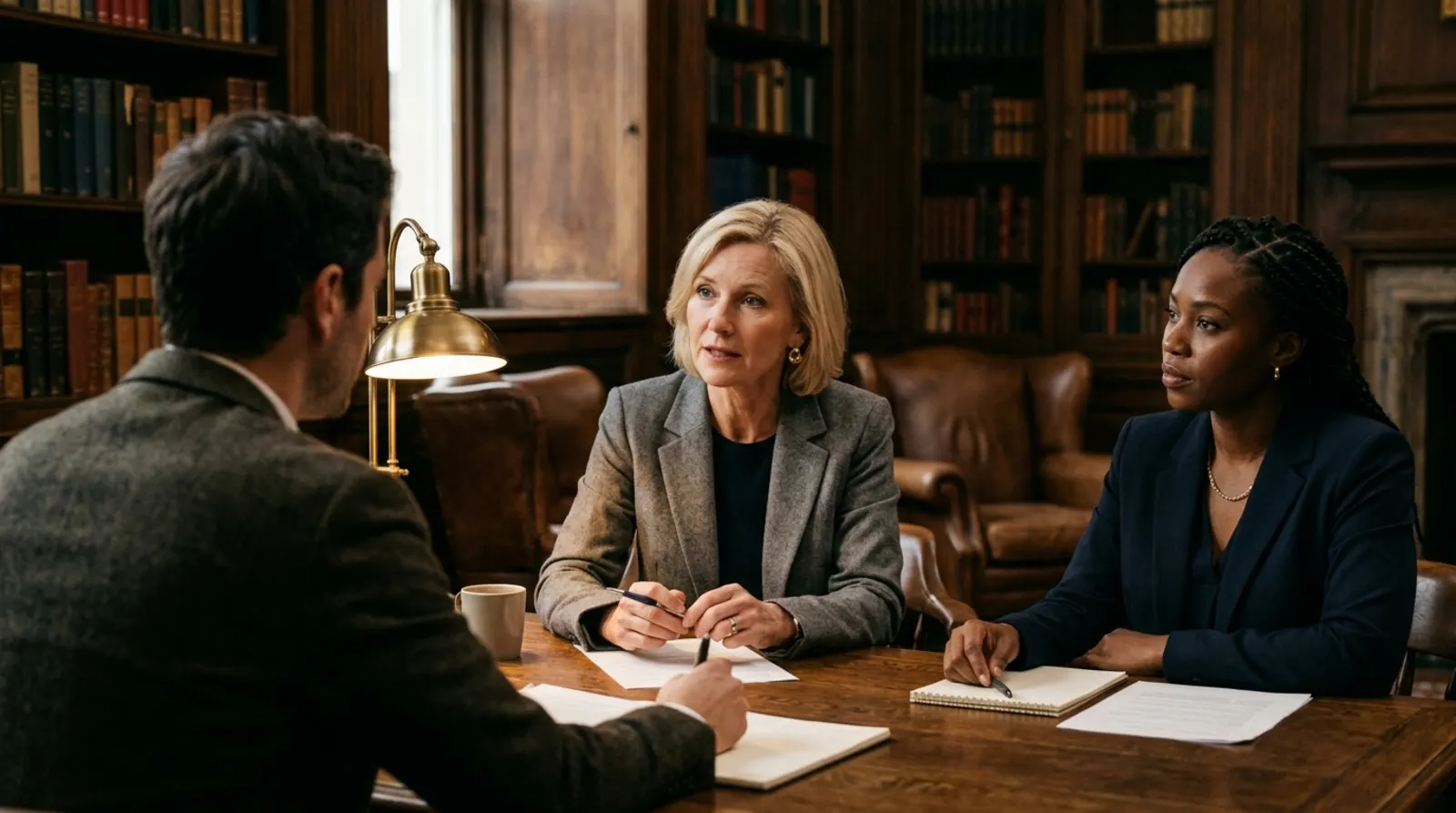 Three people talking through a case in a wood-paneled library