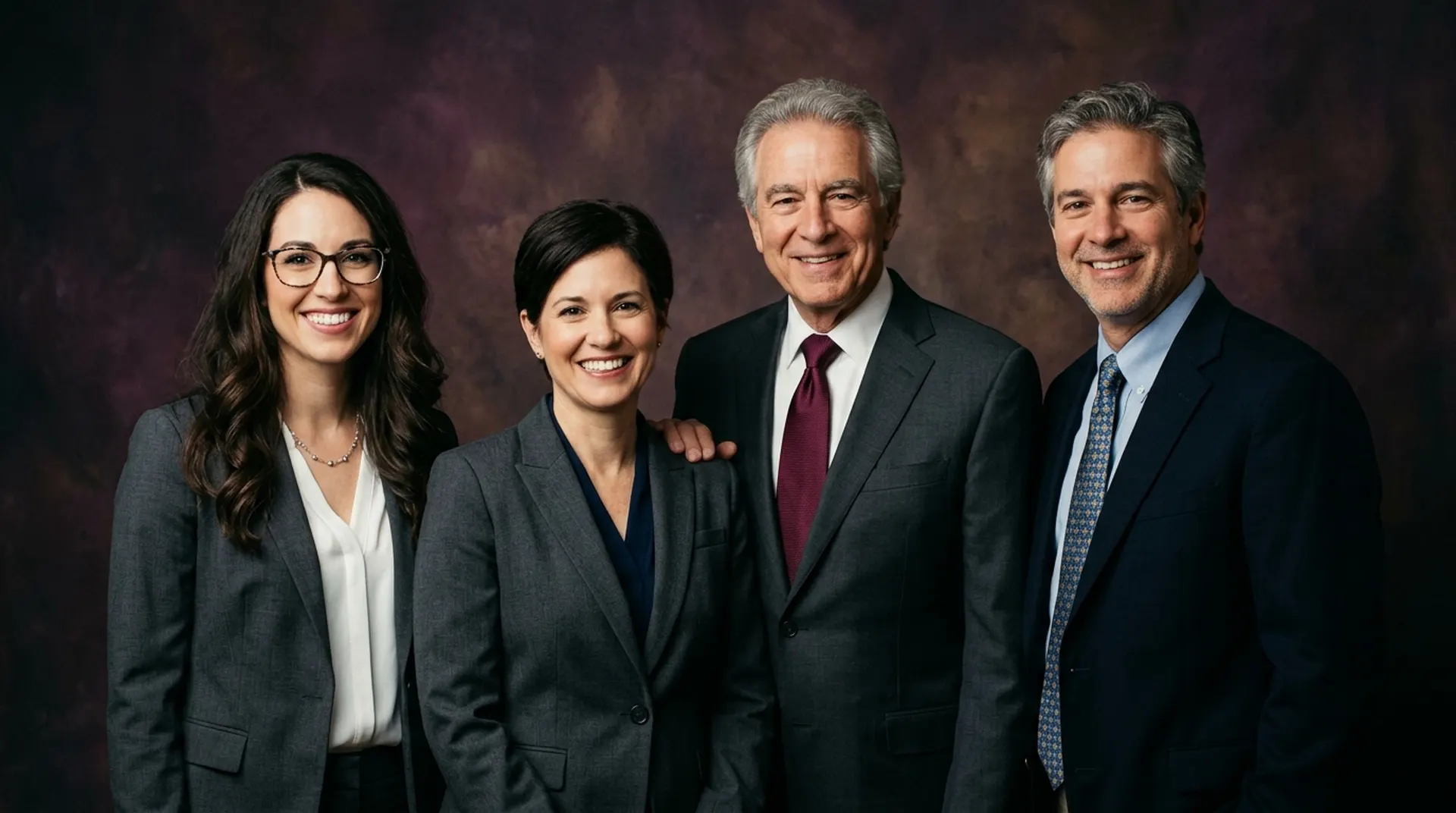 The attorneys of Bexley & Thorne in a warm studio group portrait