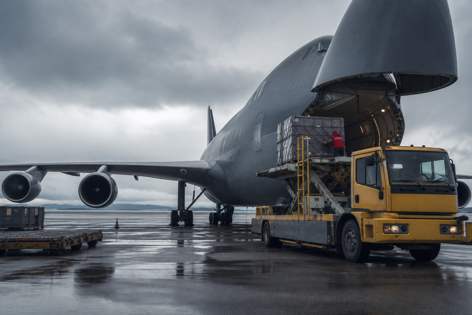 Cargo freighter aircraft loading beside a container truck