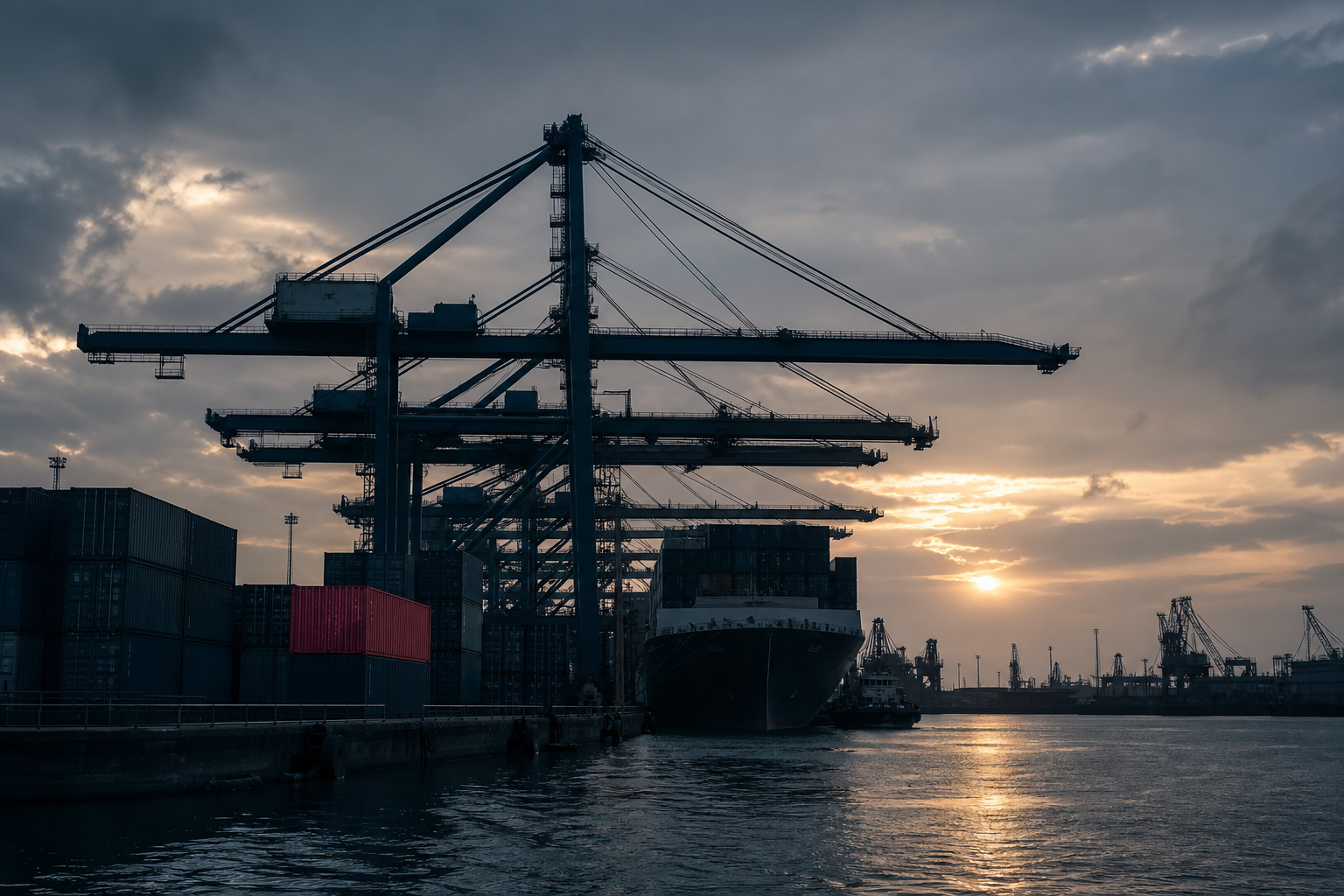 Container terminal at dusk