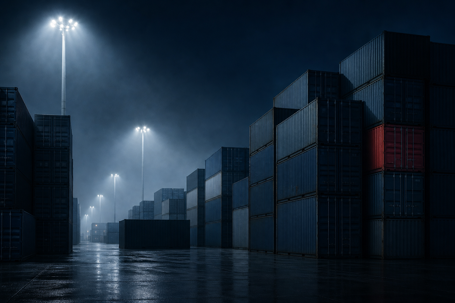 A floodlit container yard at night