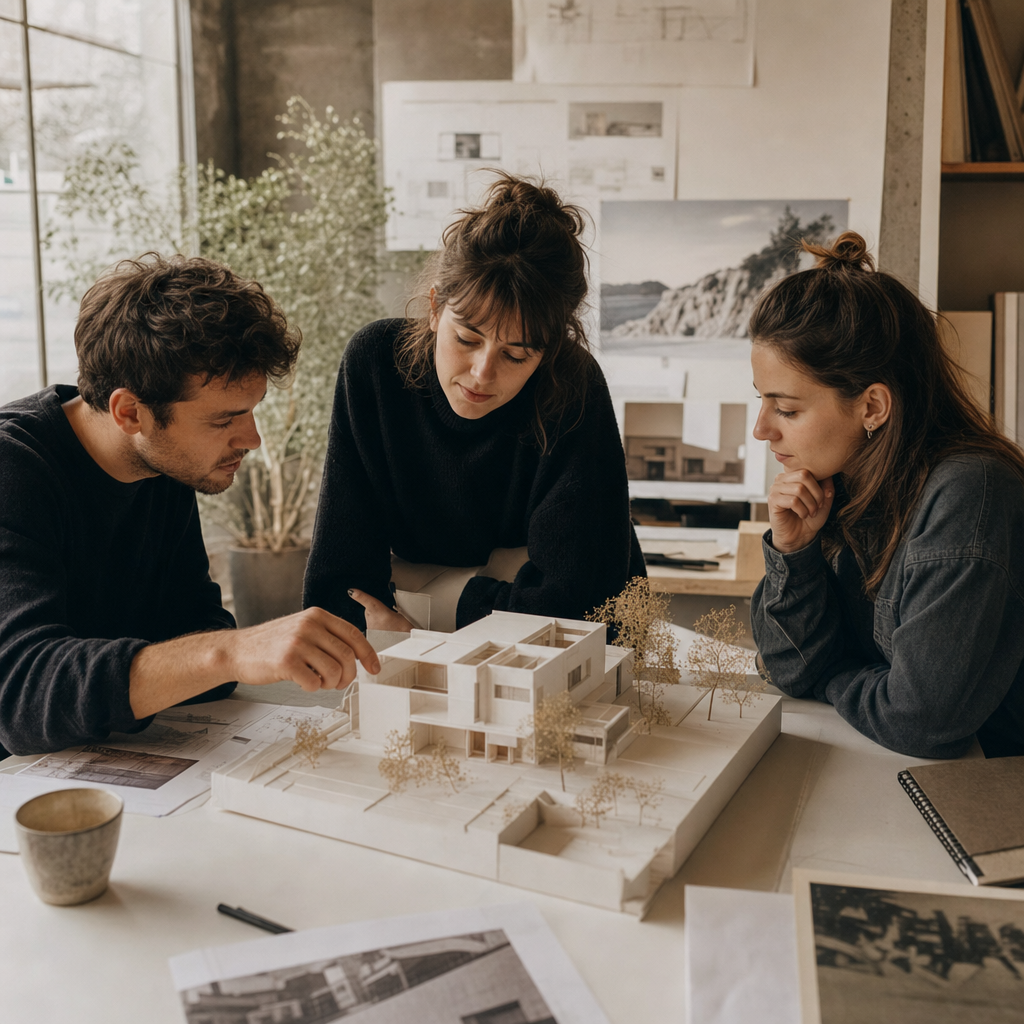 Studio team reviewing a model
