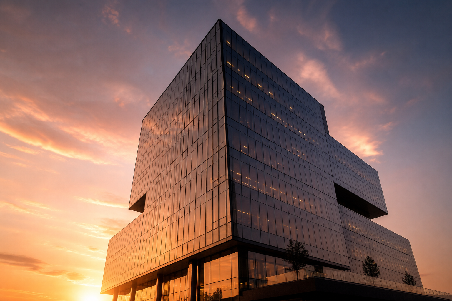 Sunset over a modern harbor tower