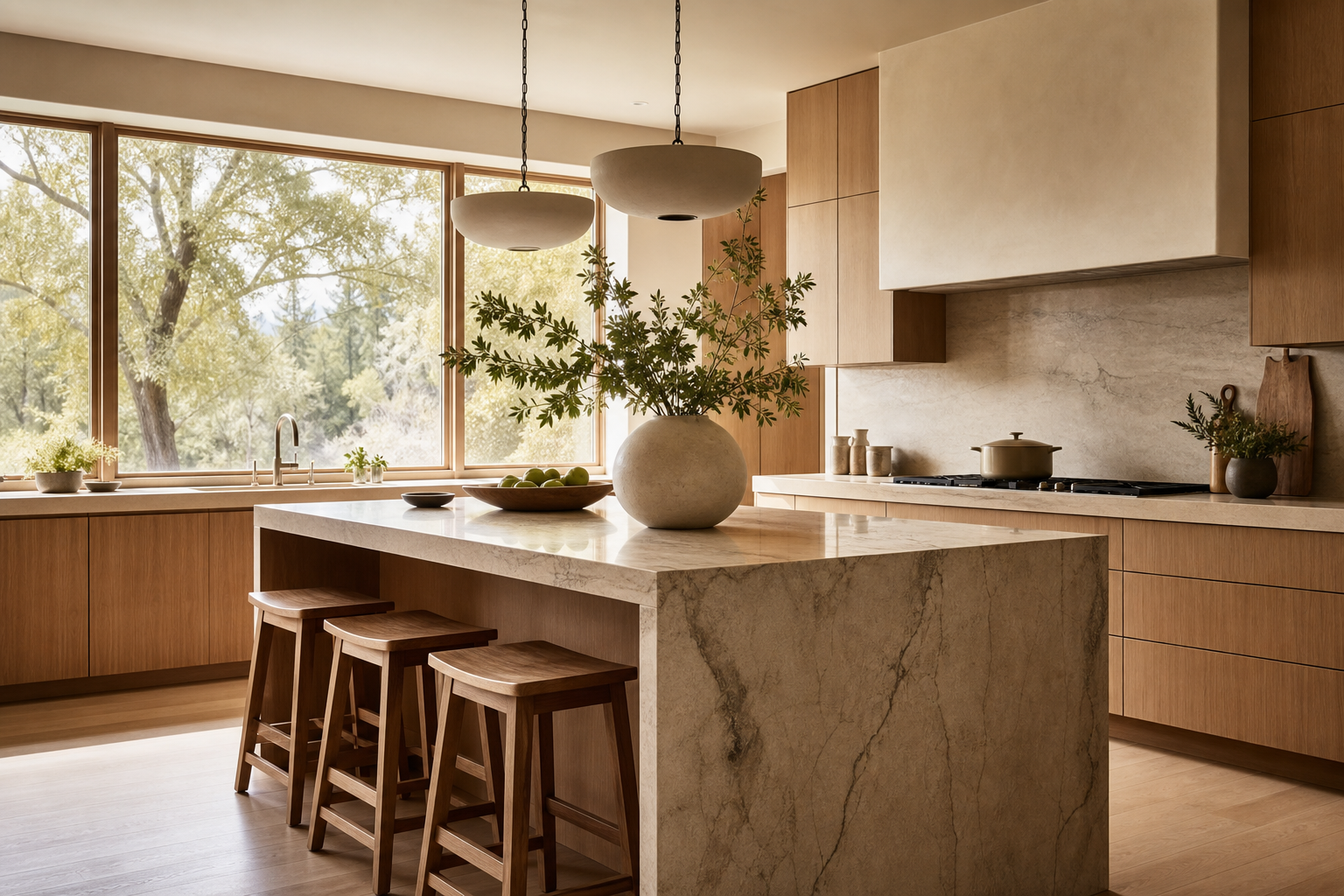 Bright modern kitchen with marble island