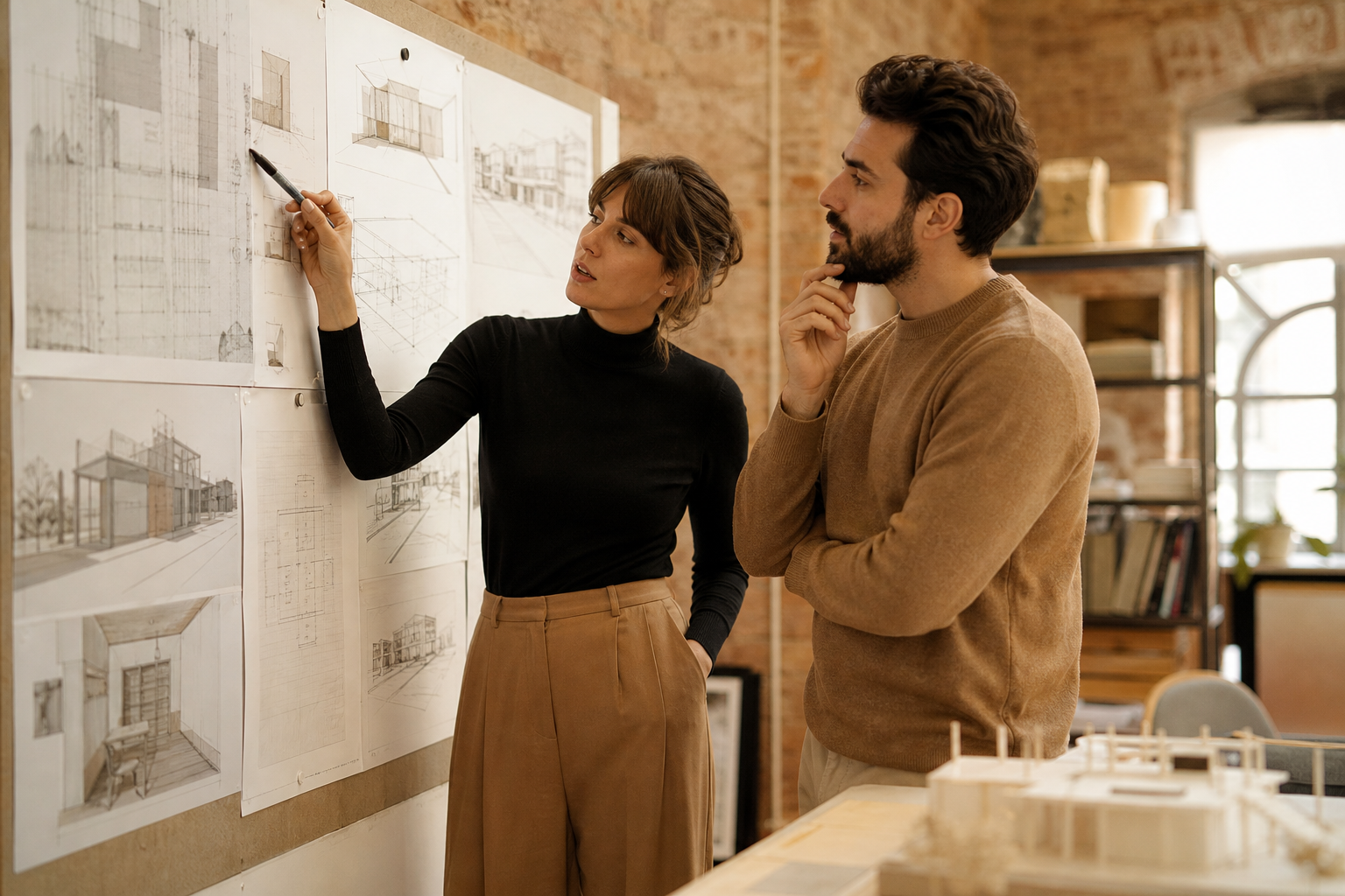 Two architects reviewing plans at a whiteboard