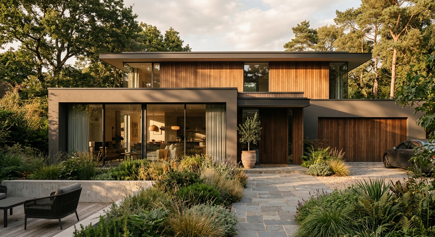 A warm modern home exterior at dusk