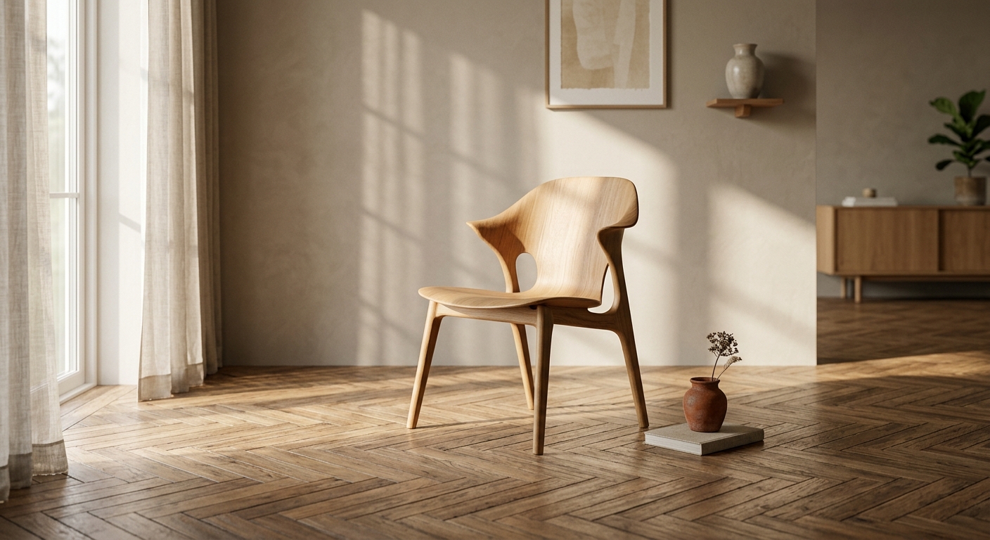 A wooden chair on a sunlit parquet floor