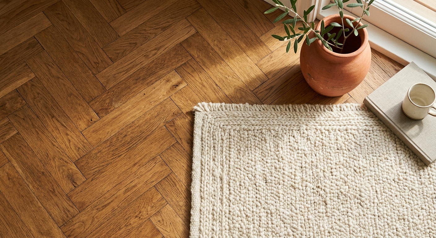 Herringbone parquet meeting a woven cream rug