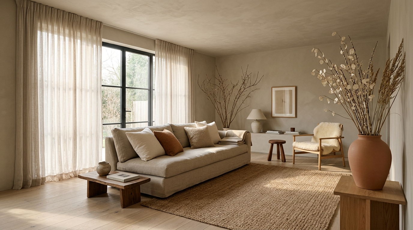 A light-filled room with a wall of windows