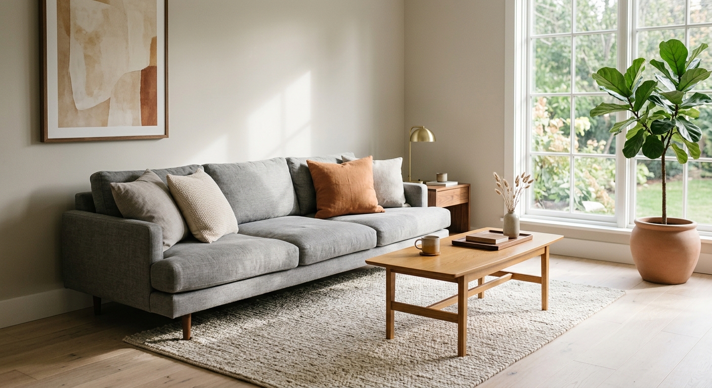 A bright living room with large windows