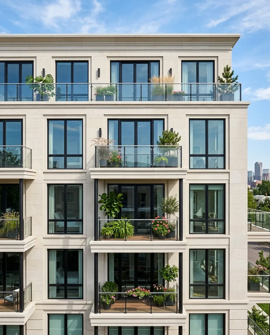 Pale stone residential facade with black-framed windows and planted balconies