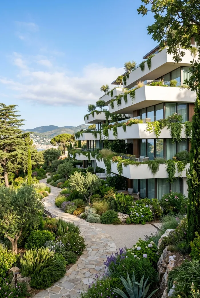 Terraced white building draped in greenery above a garden path