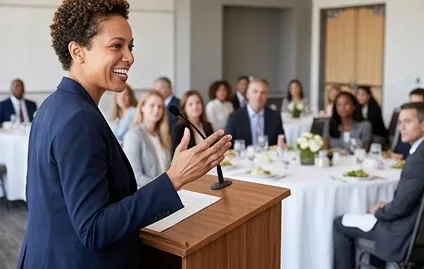 Speaker at a podium during a business luncheon