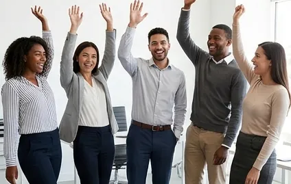 Colleagues celebrating with raised hands