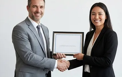 Two professionals shaking hands over a framed certificate