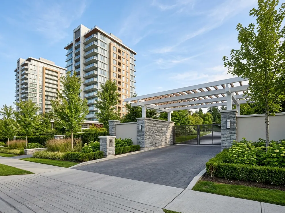 Gated entrance drive with a white pergola and residential towers behind