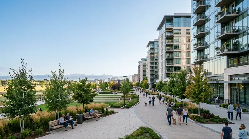Landscaped promenade between glass apartment buildings with people walking and the foothills in the distance