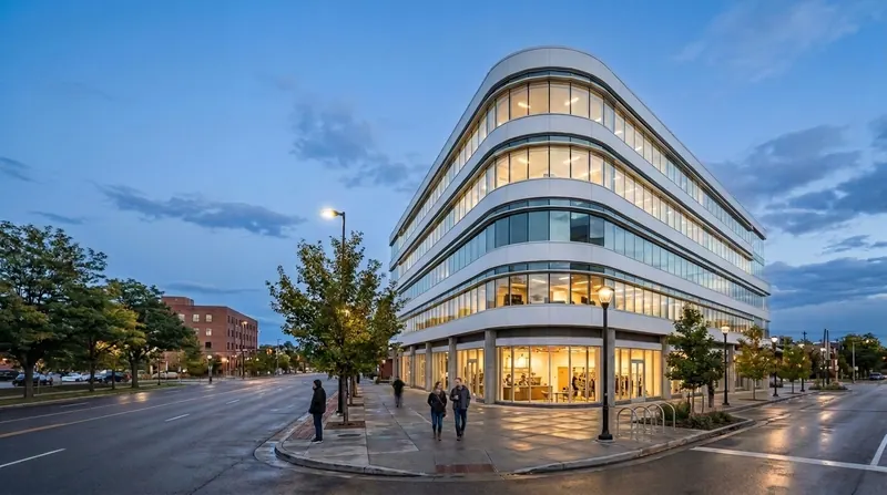 Curved white mid-rise building with lit shopfronts on a city corner at dusk