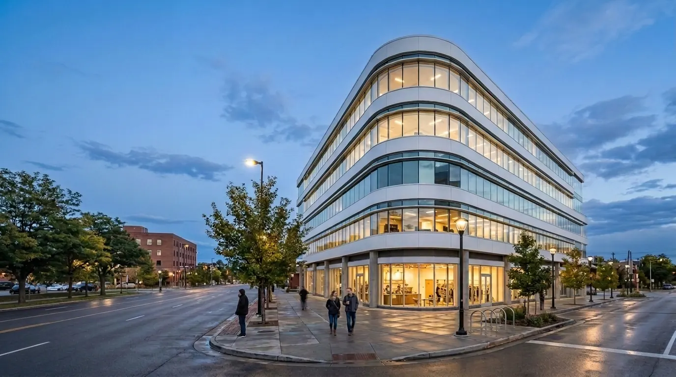 Curved white mid-rise building with lit shopfronts on a city corner at dusk