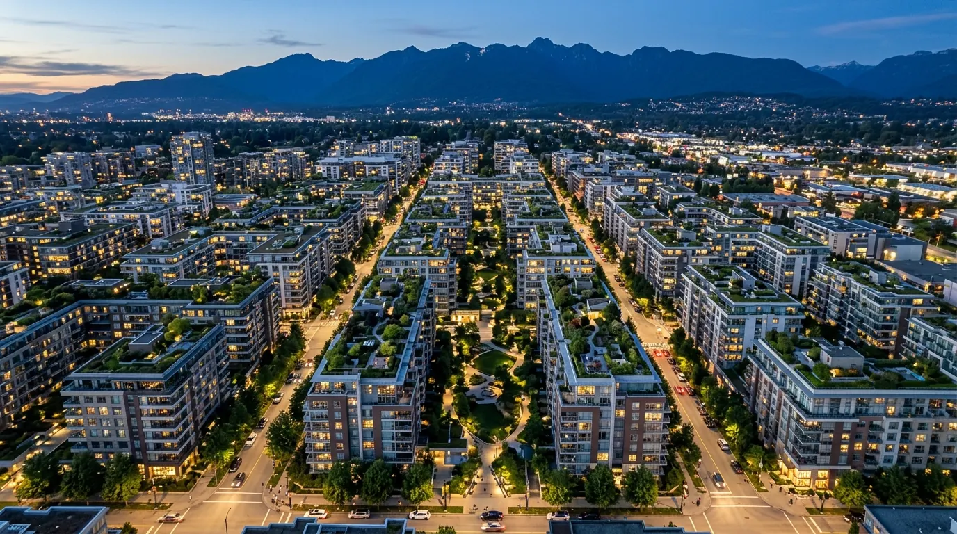 Aerial view of a modern residential district at twilight with mountains on the horizon
