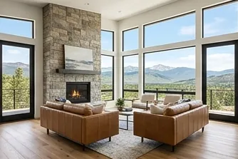 Living room with a stone fireplace and big windows