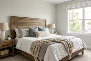 Guest bedroom with a reclaimed wood headboard