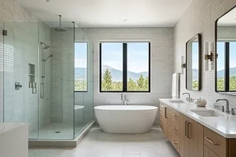 Bathroom with a freestanding tub and glass shower