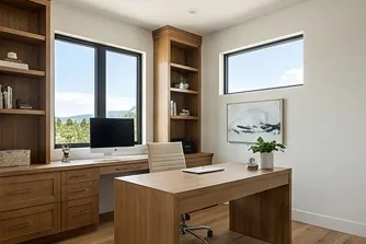 Home office with built-in shelves