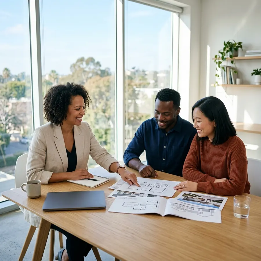 Agent reviewing printed home plans with two clients at a bright table