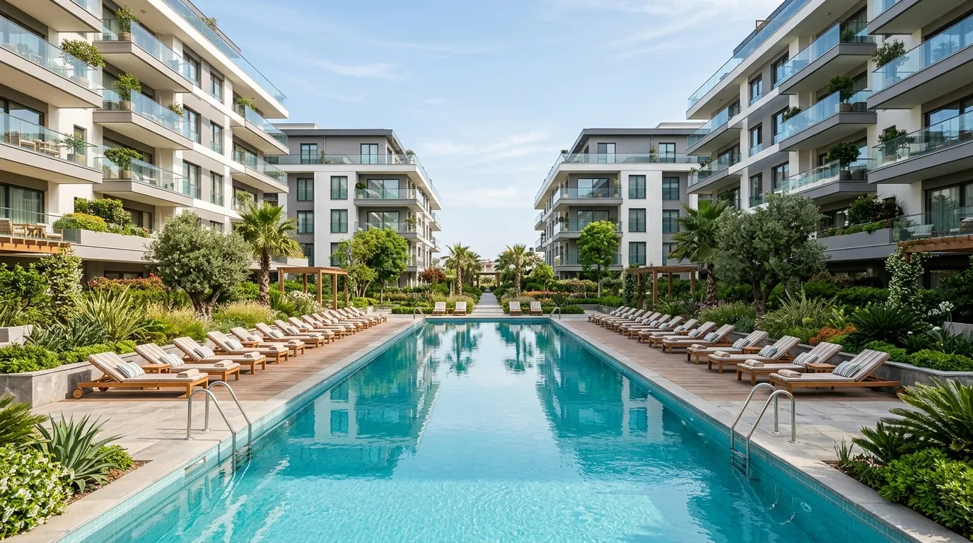 Long pool in a landscaped courtyard between two residential buildings