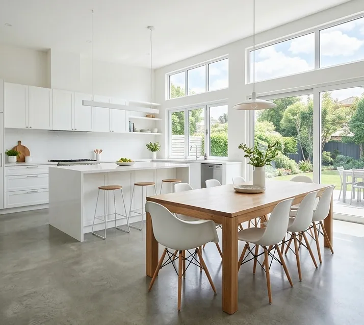 Bright white kitchen with a long wood dining table