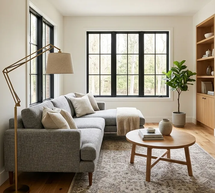 Calm living room with a gray sofa, oak floor and large windows