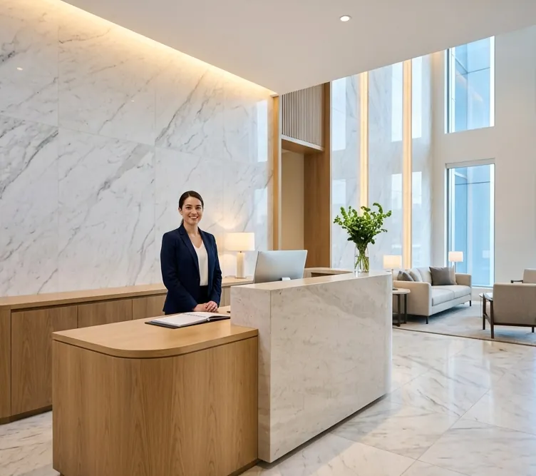 Residential lobby with a curved wood and marble front desk