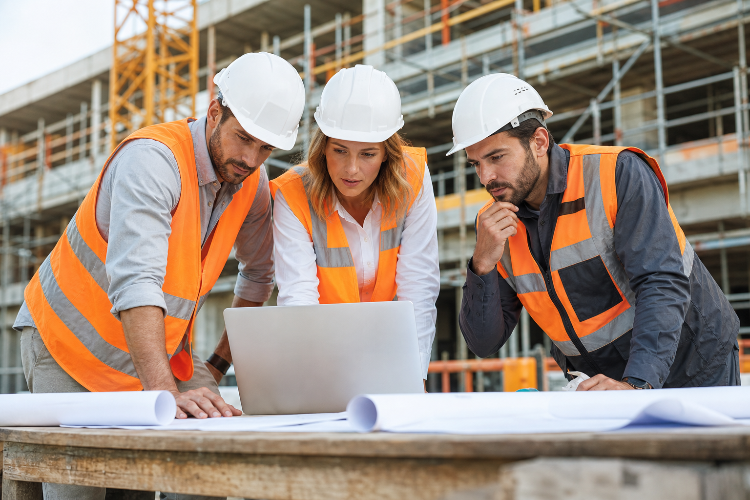 Team reviewing blueprints on site