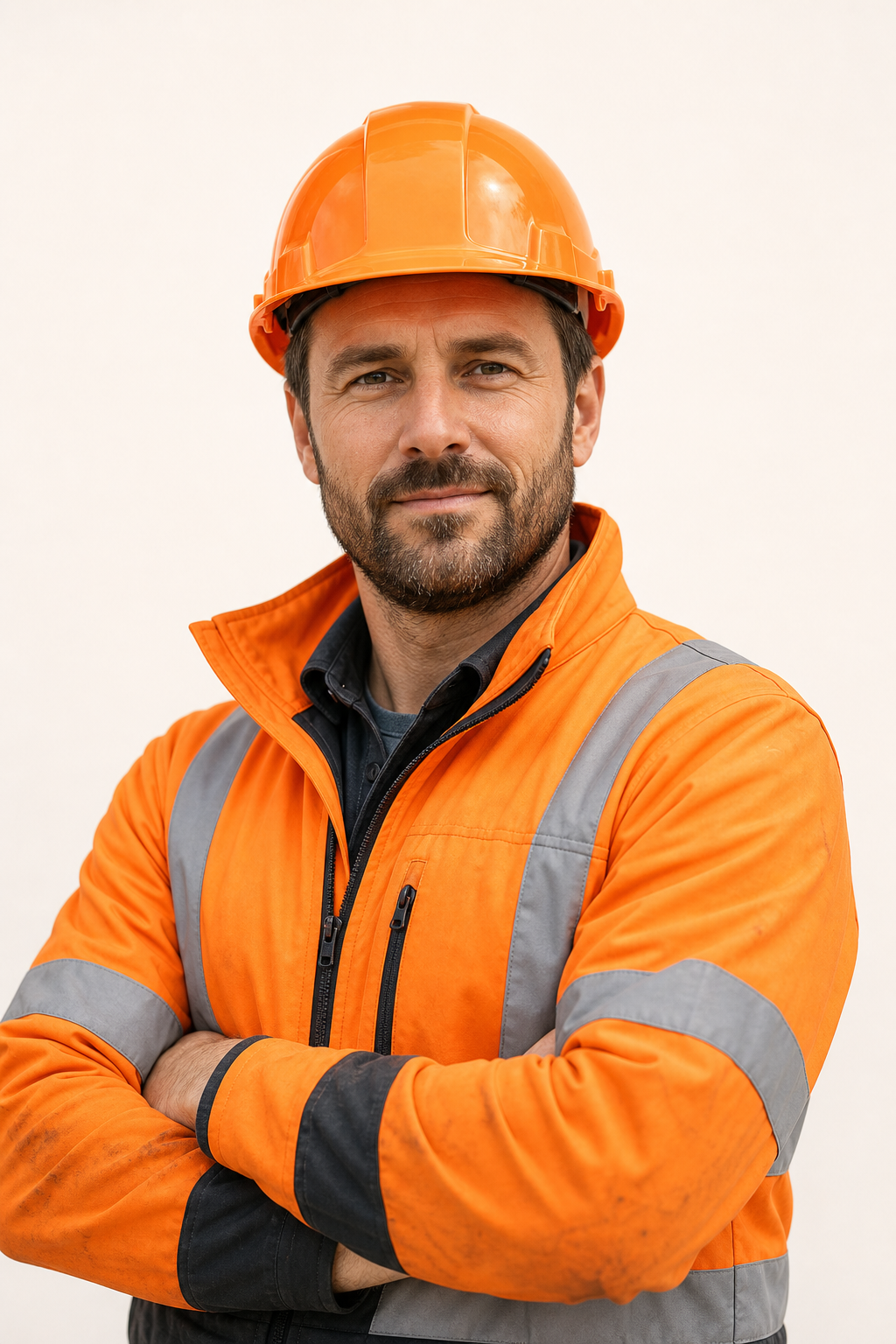 Construction project manager in an orange hard hat, arms crossed