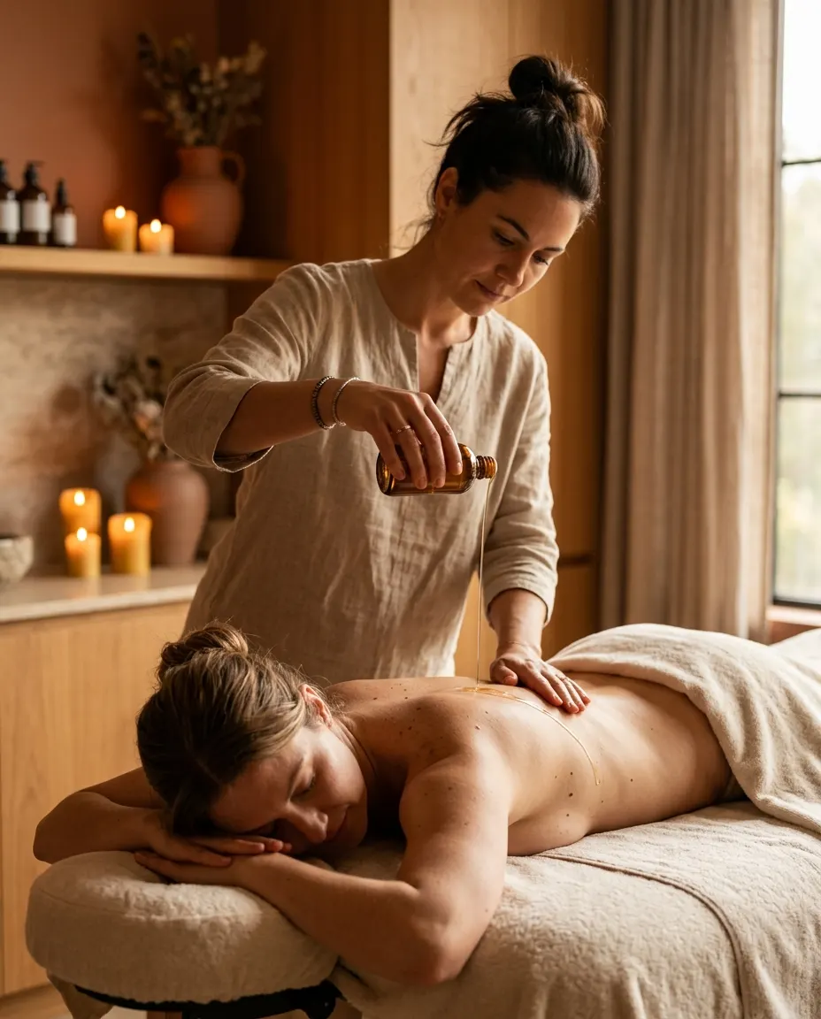 A therapist pouring warm oil onto a relaxed guest's upper back
