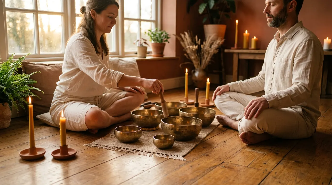 Two people seated on a wooden floor with brass singing bowls between them
