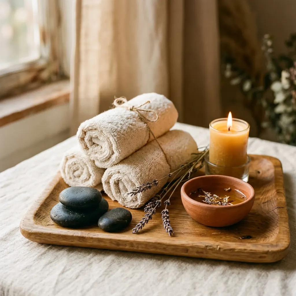 Rolled towels, dark stones, a clay bowl and a candle on an oak tray