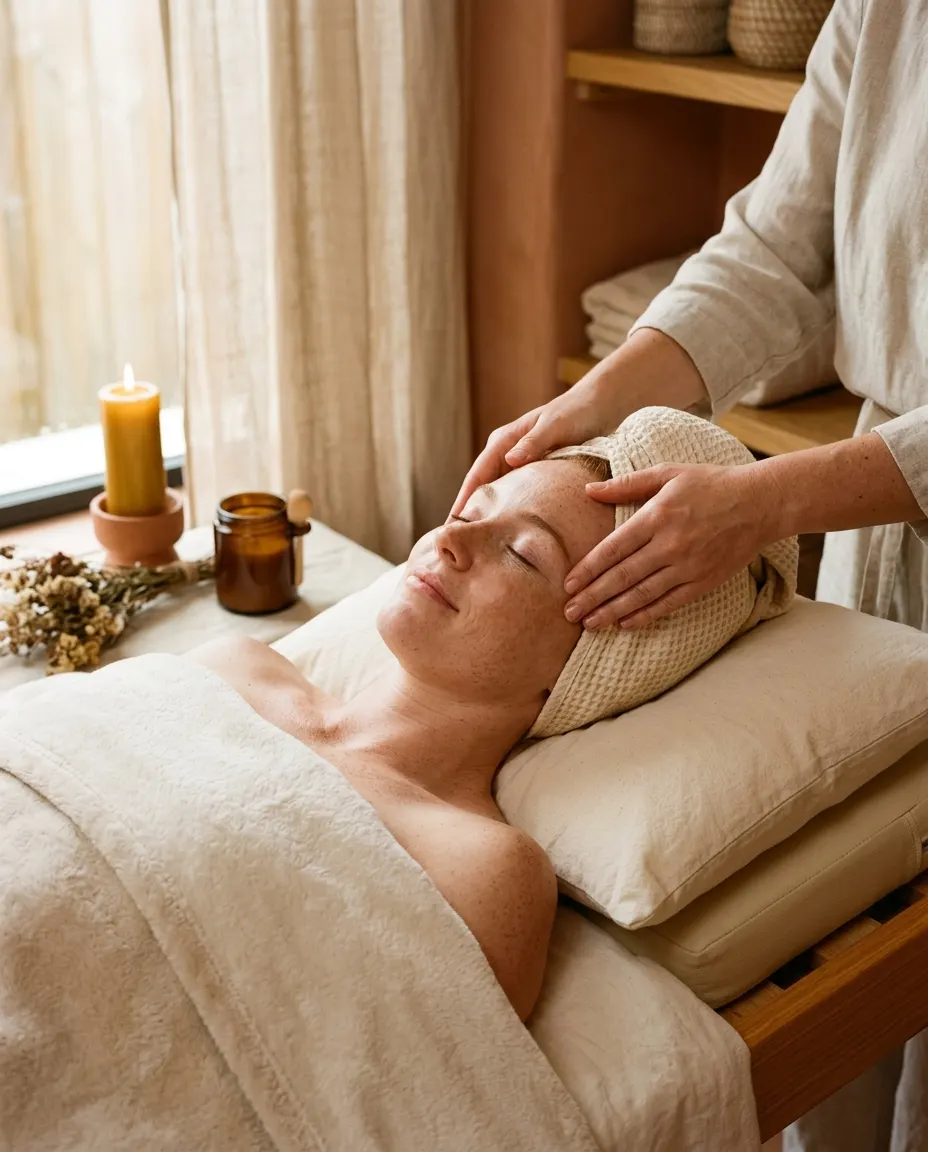 A guest with a towel-wrapped head receiving a gentle face massage