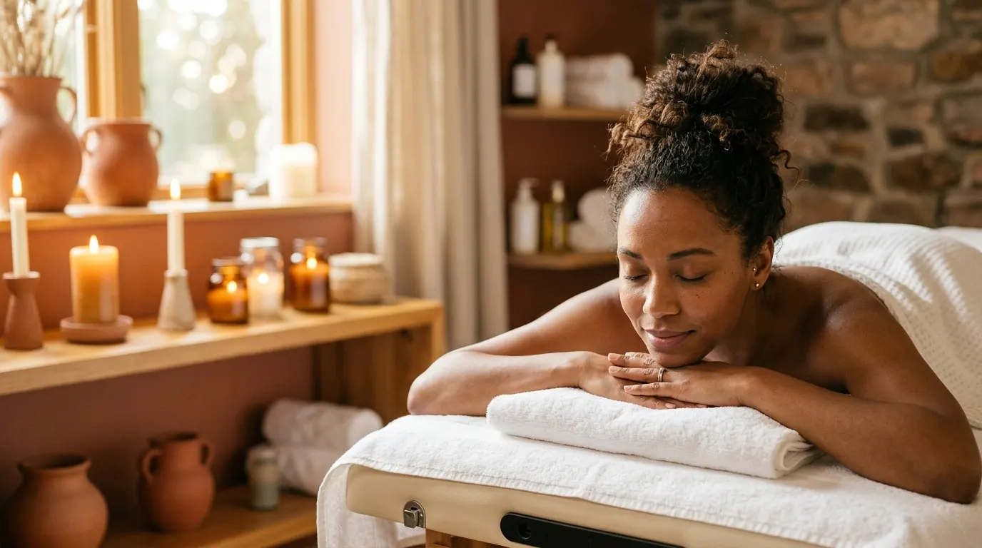A guest resting face down on a massage table, eyes closed, in warm candlelight