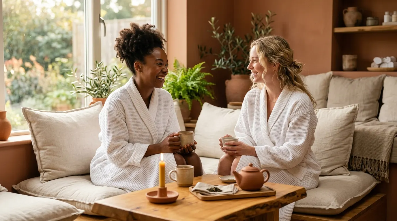 Two friends in white robes laughing over herbal tea in the lounge