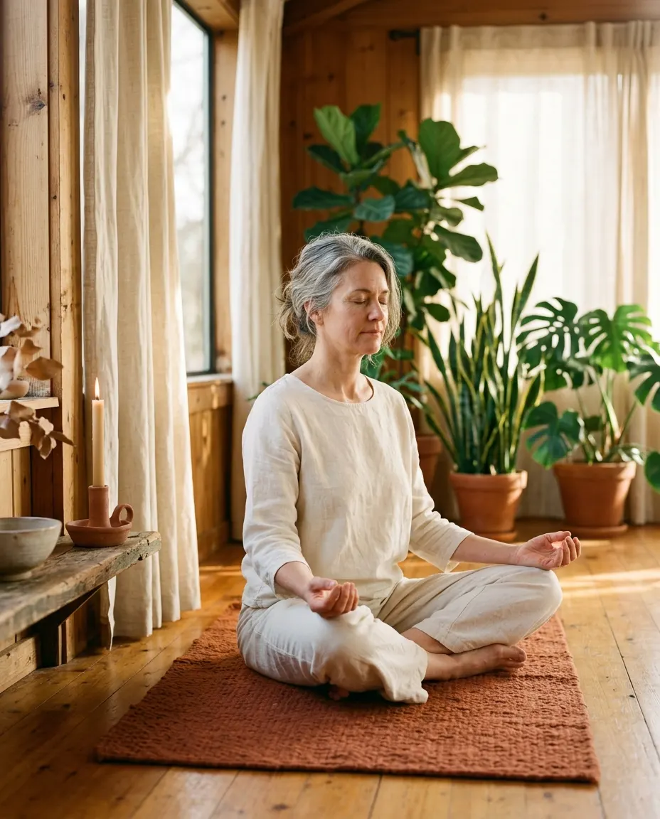 A woman meditating cross-legged on a rust mat in a sunlit studio