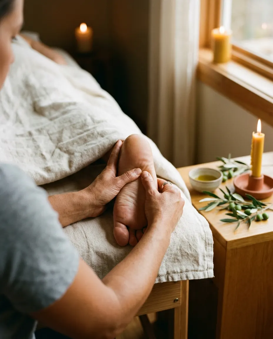 A practitioner pressing the sole of a guest's foot during reflexology