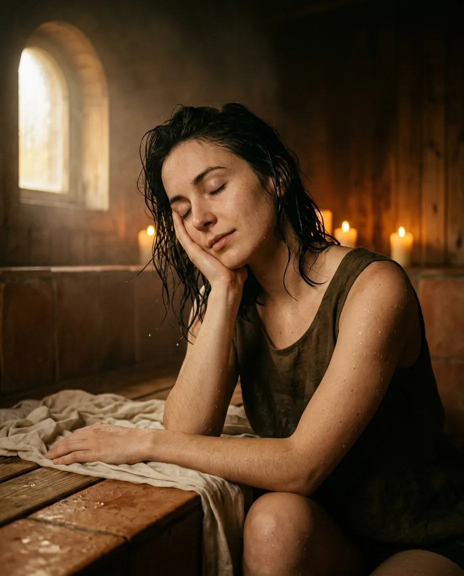 A guest resting her cheek on her hand in a dim, warm steam room